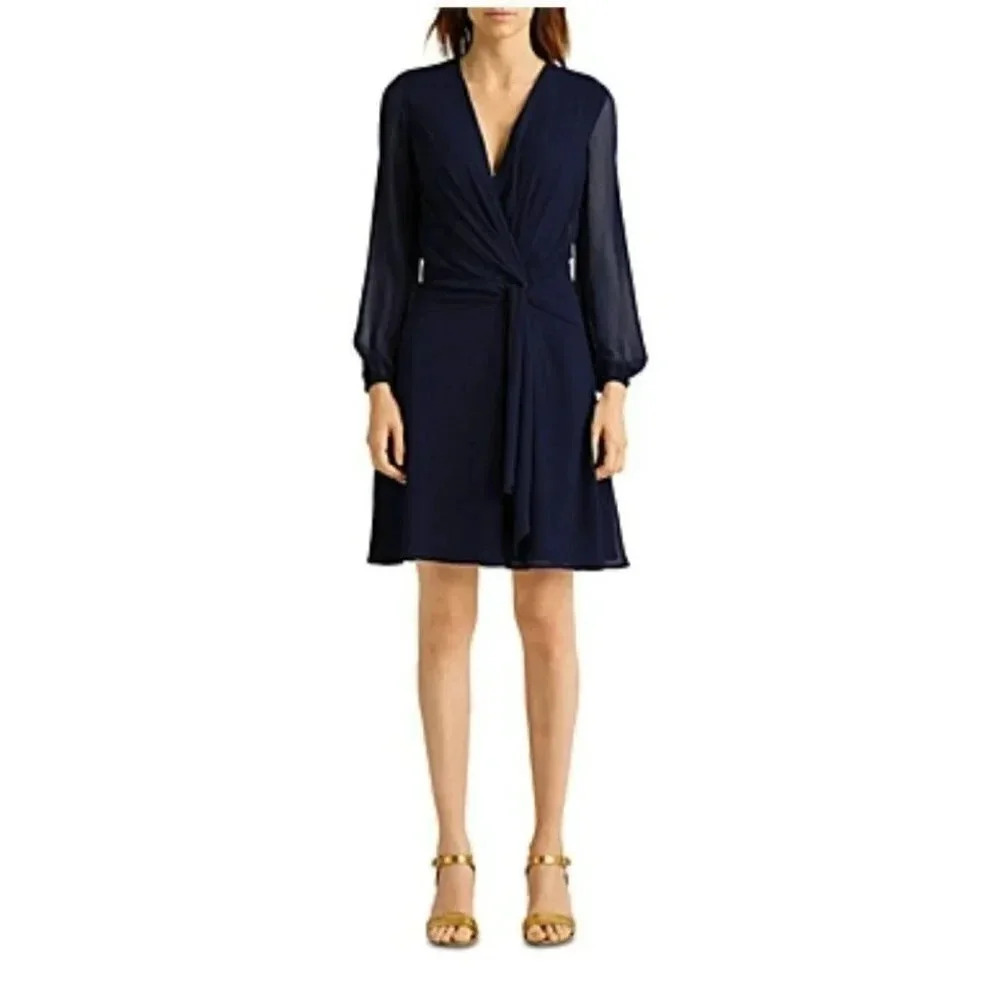 NWT Lauren Ralph Lauren Women's Twist Front in navy Dress Size 8 MSRP $145